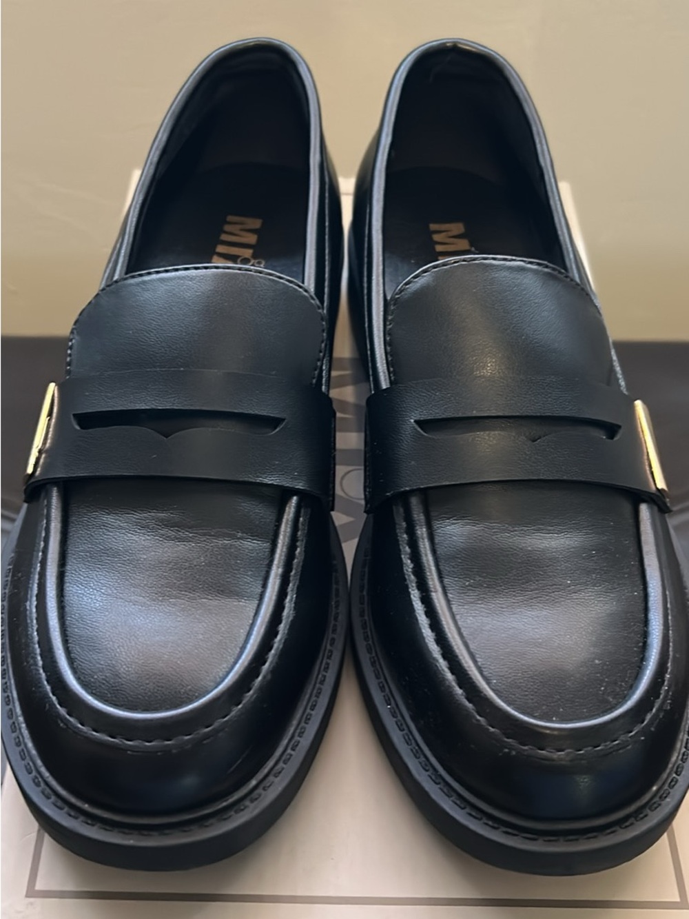 MIA Black Leather Penny Loafers with Gold Accent